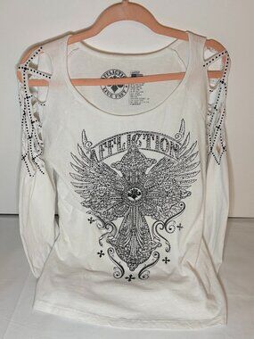 Affliction Y2K White Winged Cross Graphic Long Sleeve Tee/Top Cutout Side Size L